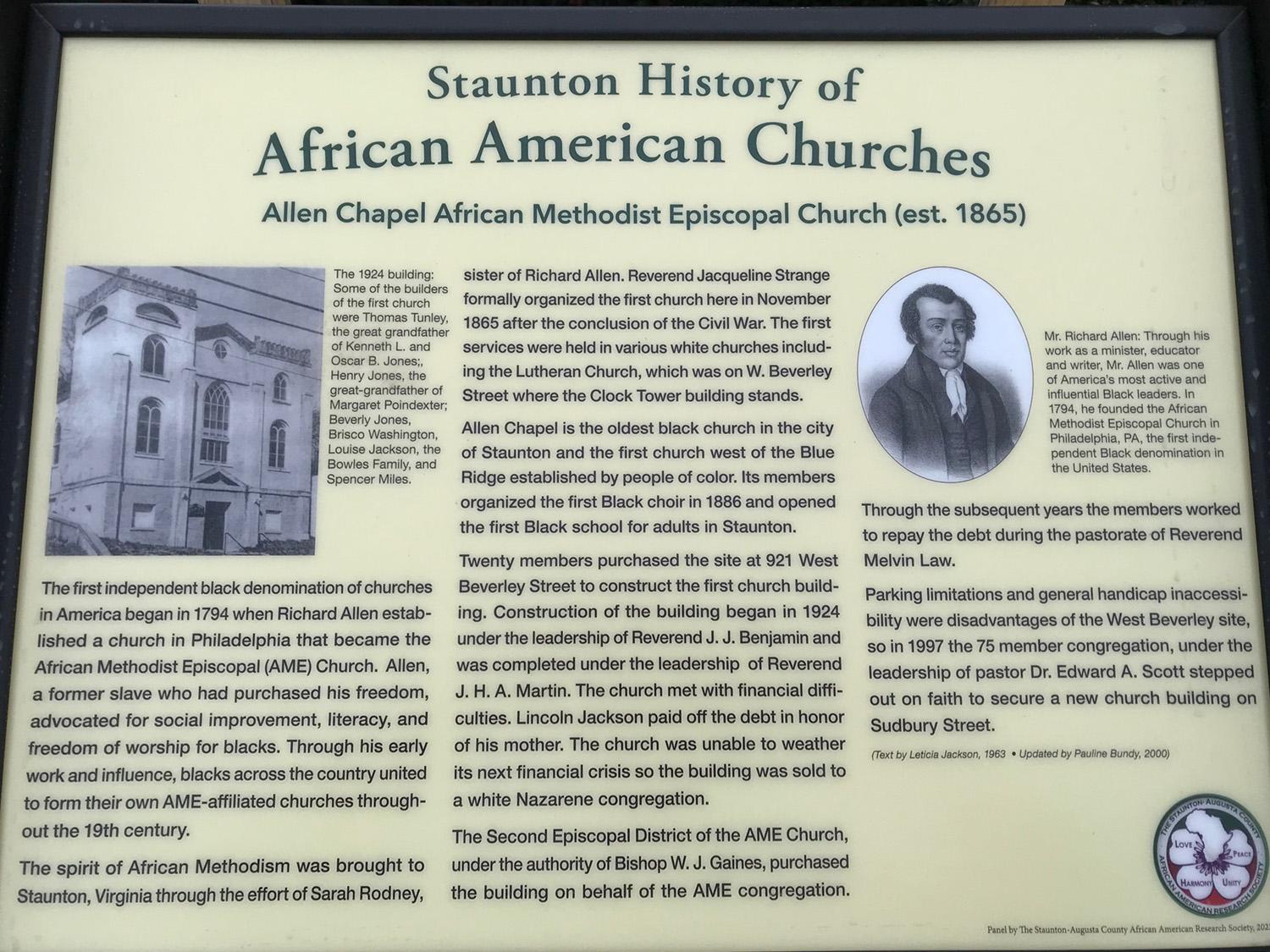 image depicting the historical marker placed by the city of Staunton honoring Black Churches